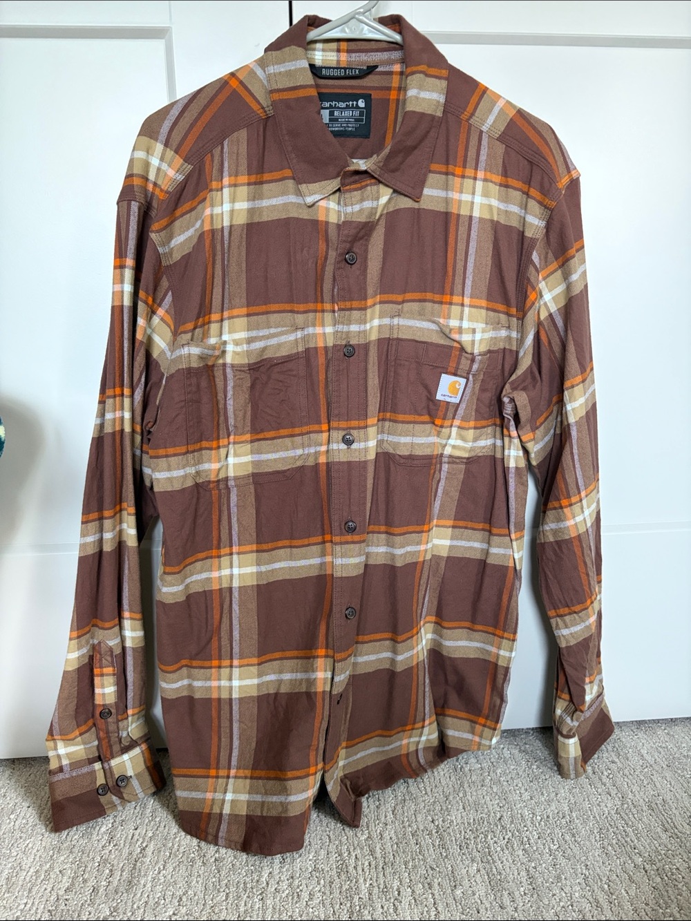 Carhartt Brown and Orange Plaid Long-Sleeve Button-Down Shirt